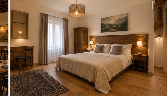 Camera in stile locanda con arredi e finiture in legno